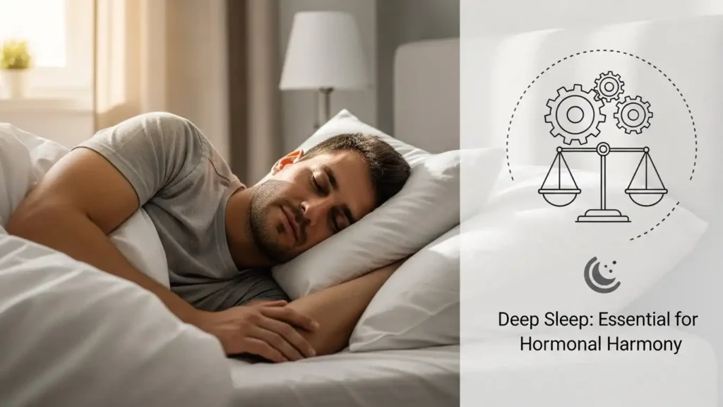 A calm bedroom setting with a sleeping man, illustrating the importance of deep sleep for hormonal balance.