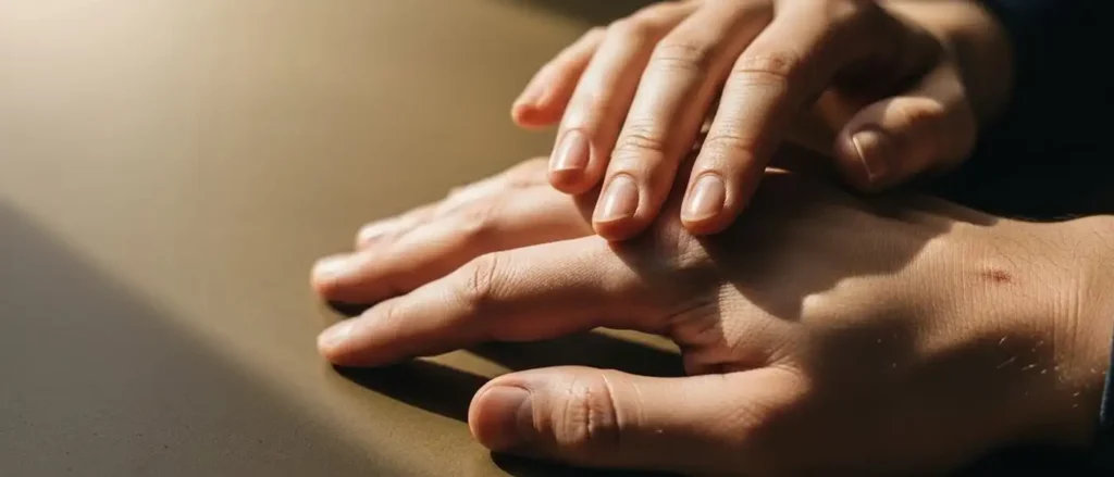 A close-up of two hands resting together, symbolizing safe, non-sexual touch and intimacy