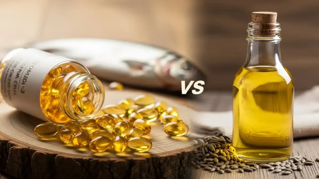 A comparison image showing omega-3 rich fish oil capsules next to a bottle of processed seed oil, symbolizing anti-inflammatory dietary choices.