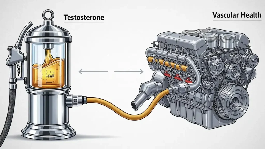 A conceptual illustration comparing testosterone to car fuel and vascular health to a mechanical engine.