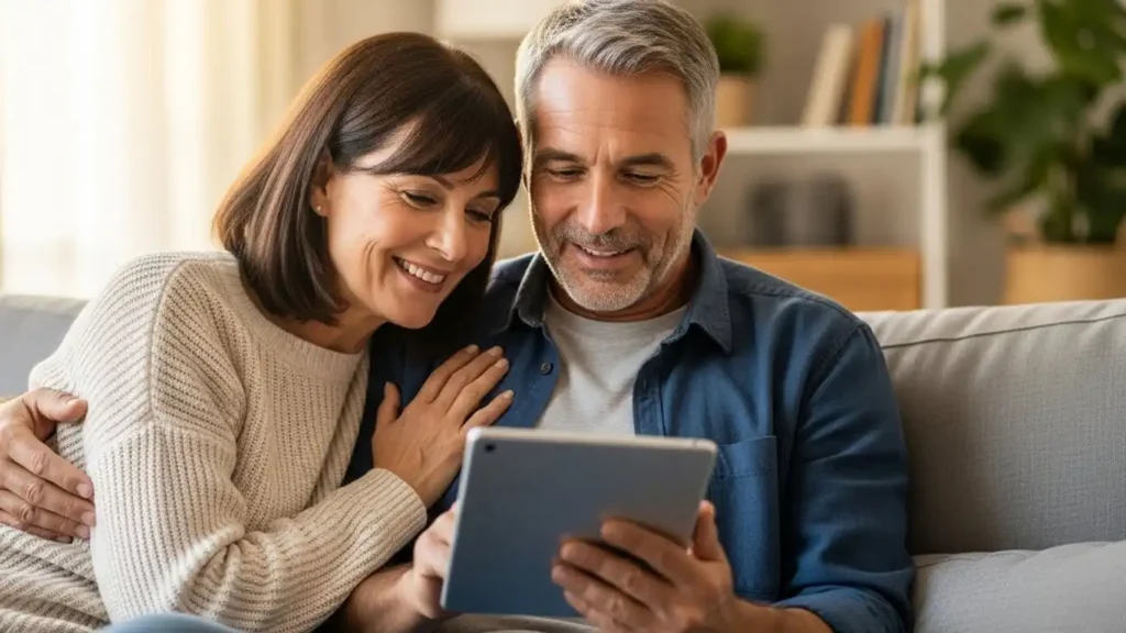 A couple discussing erectile dysfunction treatment options positively using educational resources.
