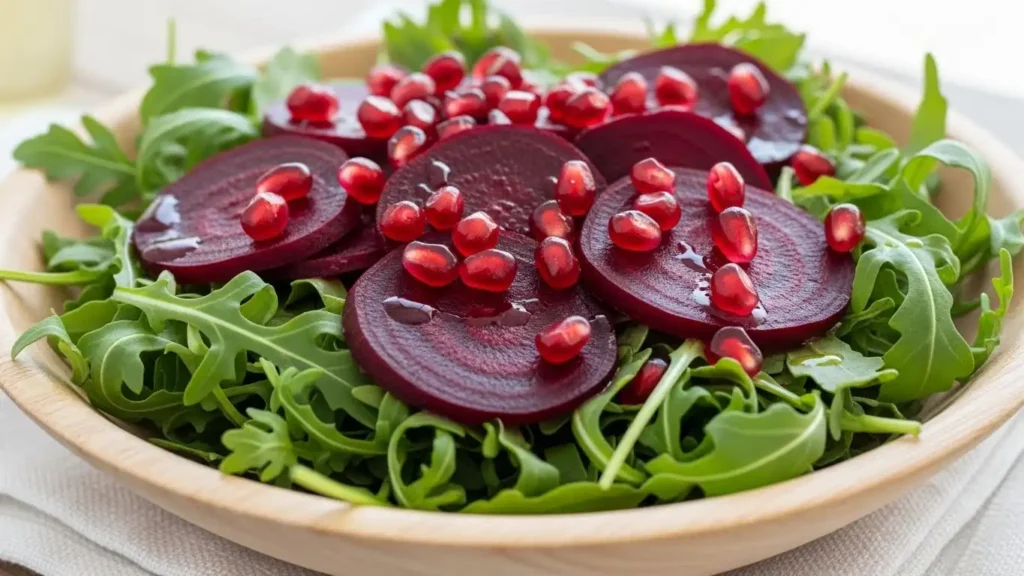 A fresh salad bowl containing arugula, sliced beets, and pomegranate seeds to support nitric oxide production.