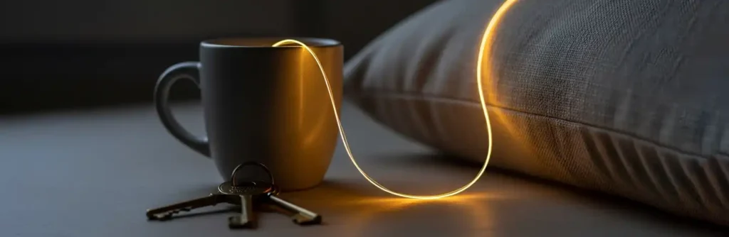 A glowing golden "erotic thread" weaves through a couple's daily life, symbolizing continuous connection.