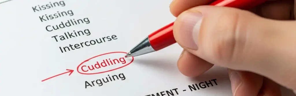 A hand editing a "sexual script" with a red pen, symbolizing how to intentionally change your sexual routine.