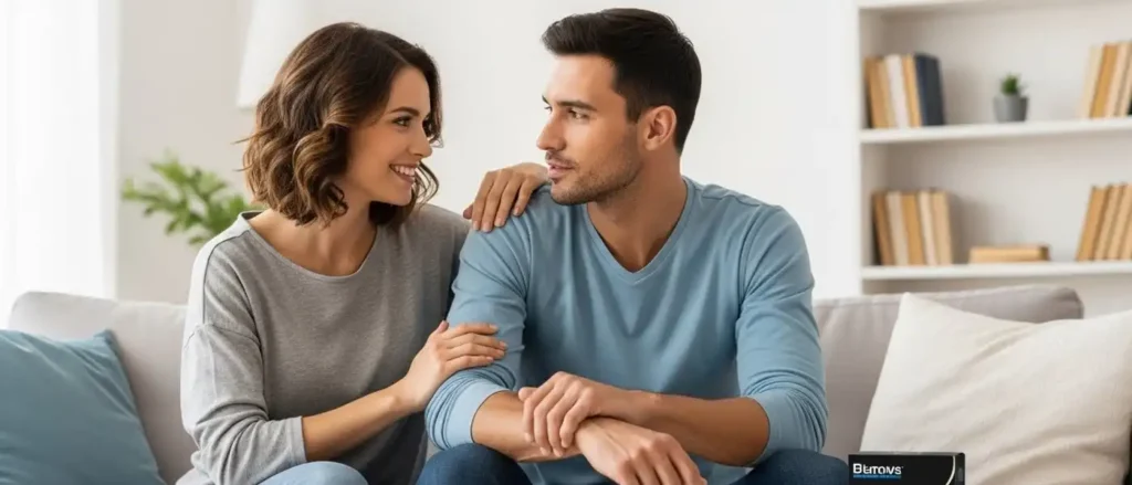 A happy couple communicating openly, emphasizing the psychological importance of relationships over male enhancement.