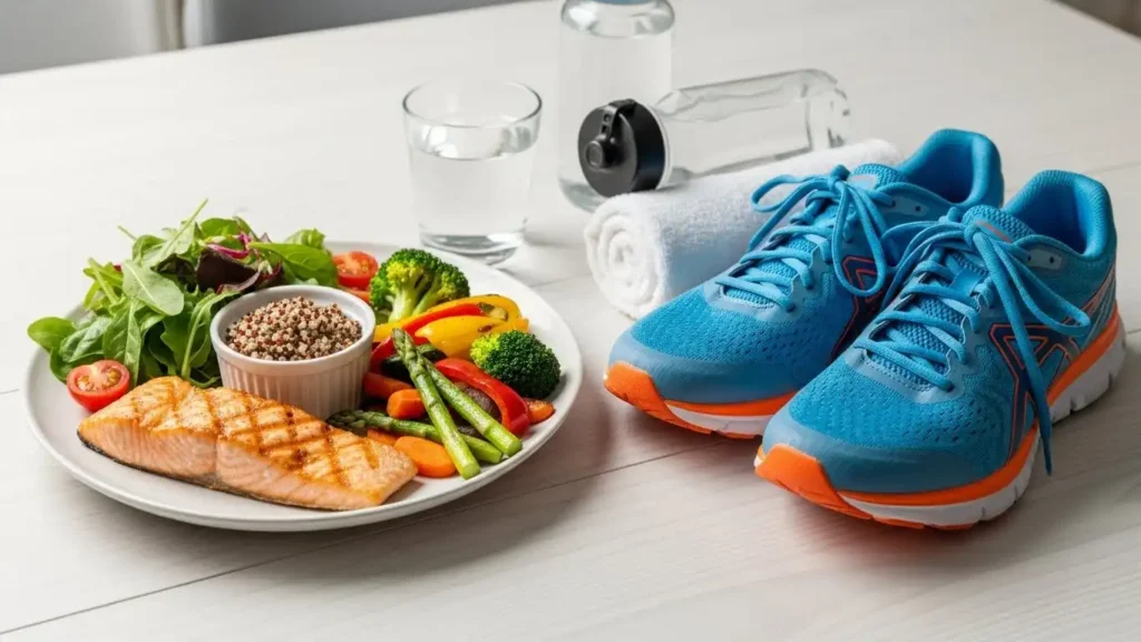 A healthy meal and running shoes laid out, representing the pillars of nutrition and exercise for sexual health restoration.