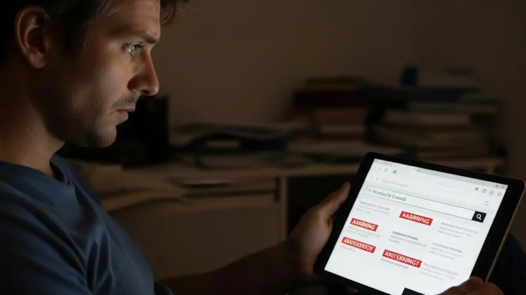 A man looking thoughtful and slightly concerned while looking at a tablet, representing the "Dr. Google" trap