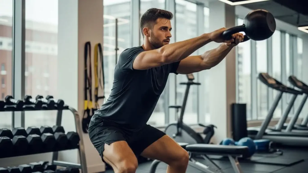 A man performing high-intensity interval training (HIIT) with a kettlebell to improve testosterone and insulin sensitivity.