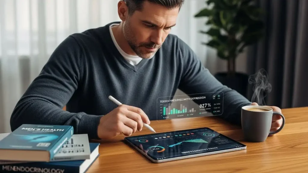 A man reviewing his health data to understand is low testosterone linked to depression in men.