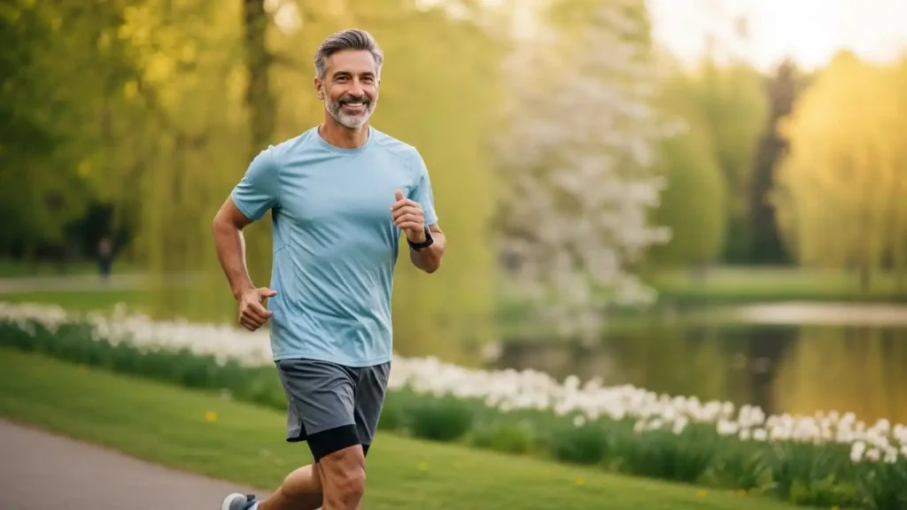 A middle-aged man smiling confidently while jogging in a park, representing vascular health and natural recovery from erectile dysfunction
