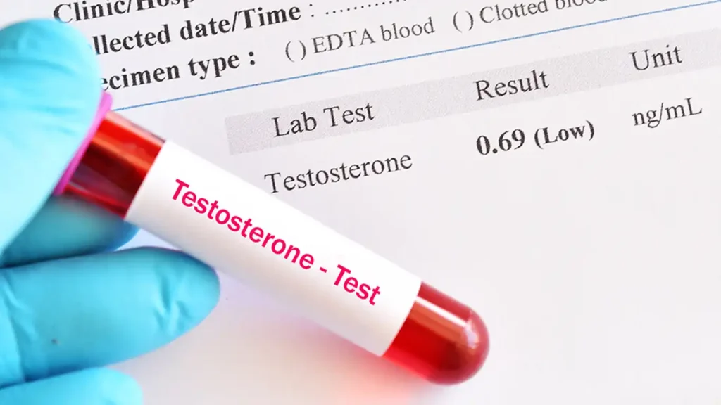 A morning blood test result indicating low testosterone levels below 300.