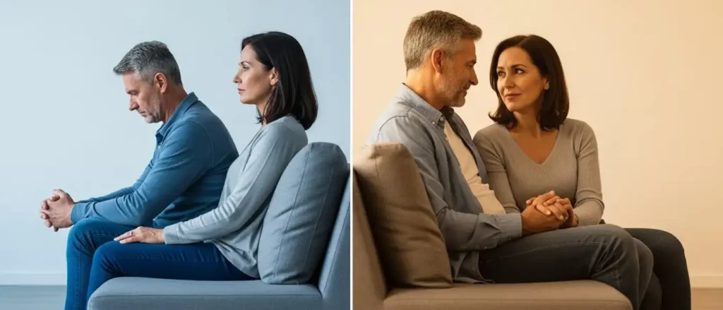 A split image showing a couple transforming from distant and cold to close and connected, symbolizing an improvement in sexual health.