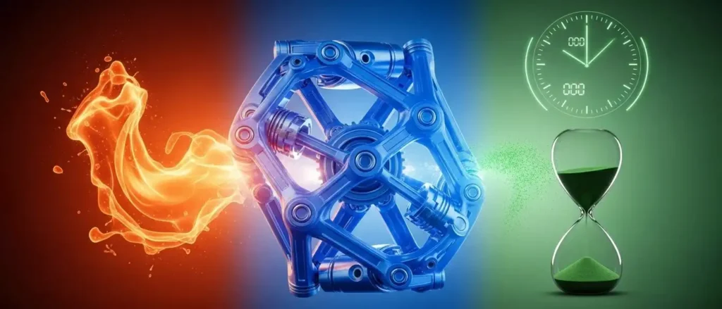 Abstract illustration representing the three pillars of male sexual performance: libido, erection, and timing.