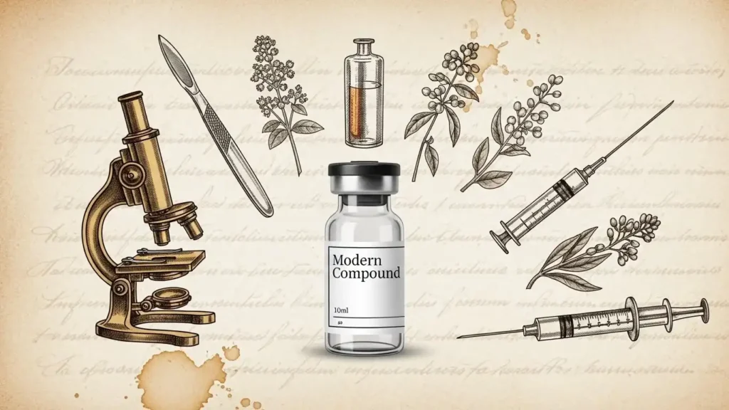 Artistic medical vial representing the history and science of injection therapy.