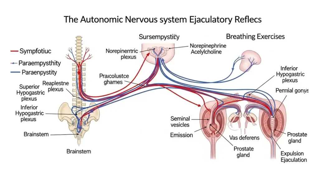Autonomic nervous system diagram showing sympathetic and parasympathetic control of ejaculatory reflex and breathing exercise impact