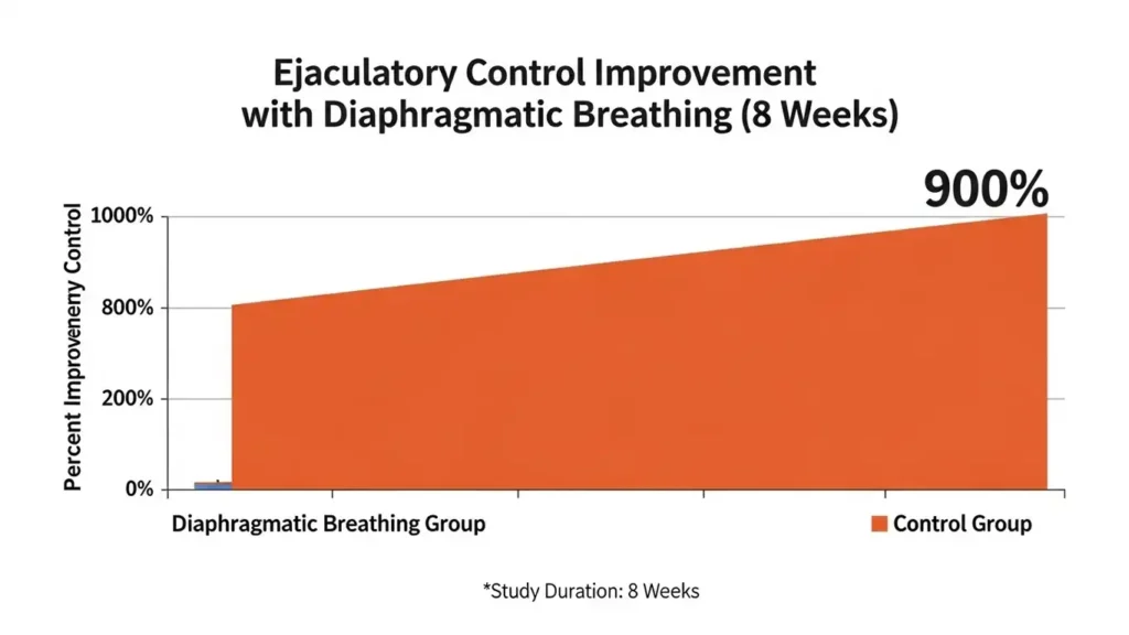 Clinical study results chart showing 900 percent improvement in ejaculatory control with diaphragmatic breathing exercises over 8 weeks