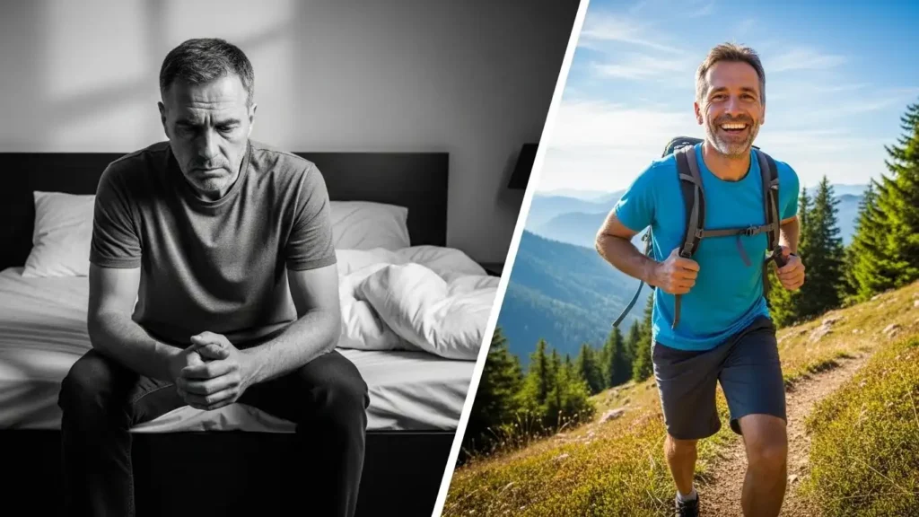 Comparison of a man showing signs of low testosterone versus normal aging with energy and vitality.