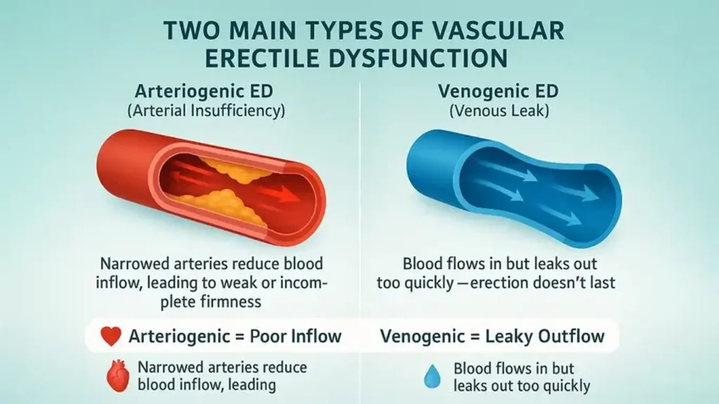 Comparison of healthy versus dysfunctional blood vessels showing erectile dysfunction as cardiovascular disease warning sign