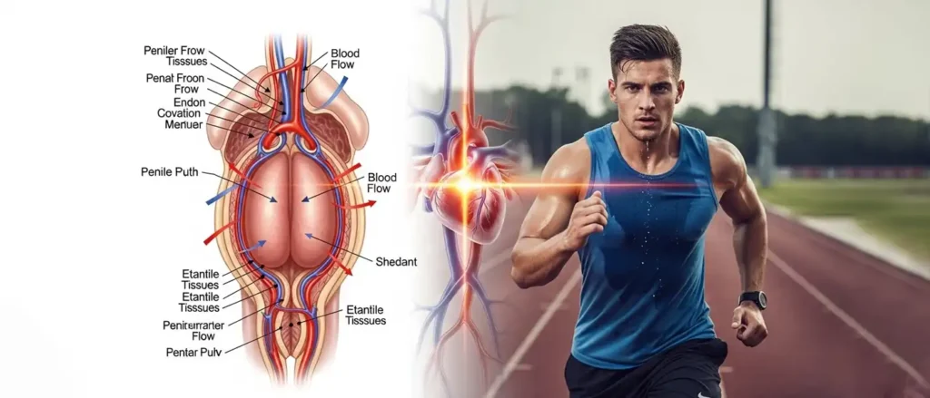 Comparison of medical penile anatomy and a man exercising to illustrate the connection between cardiovascular health and penile enlargement.