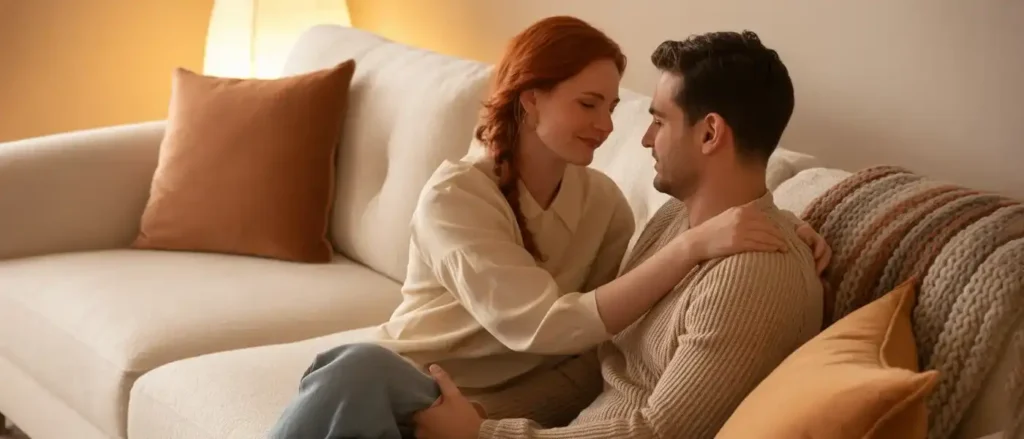Couple engaging in intimate connection and sensory touch to overcome performance anxiety.