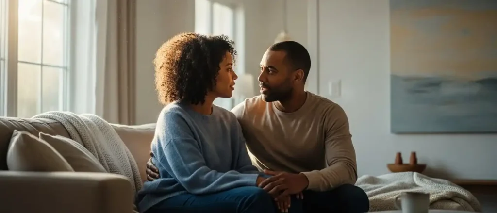 Couple having intimate conversation about low libido causes and relationship communication