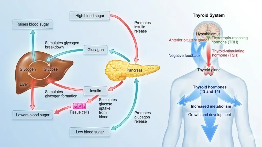 Diagram of hormonal regulation and insulin signaling in the human body.