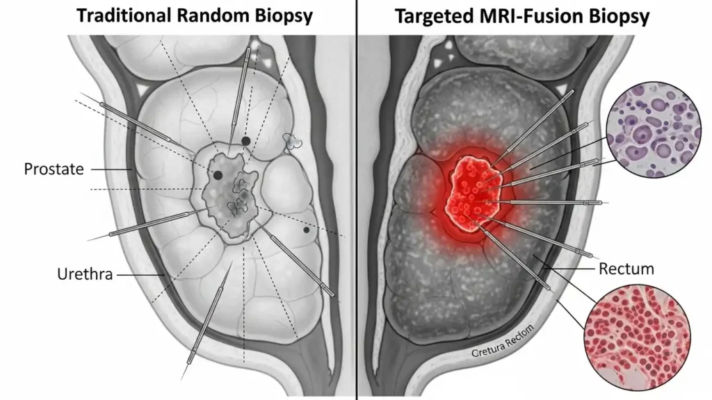 Diagram showing how prostate MRI screening benefits targeted biopsy accuracy.