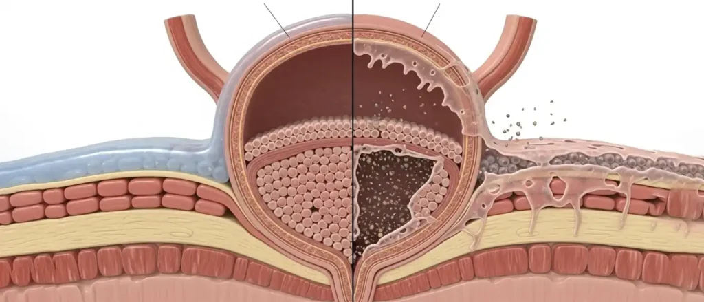 Diagram showing the difference between a healthy bladder and Interstitial Cystitis bladder wall damage