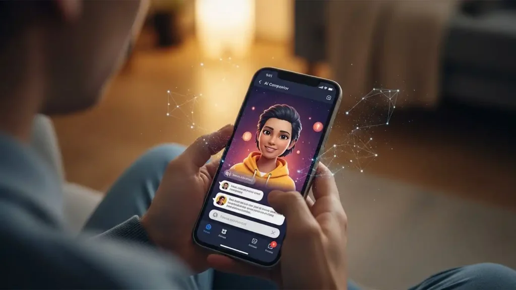 Digital intimacy concept showing person using AI companion app representing virtual partners and modern relationships