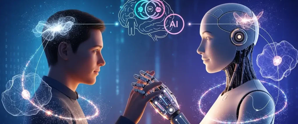 Digital intimacy psychology showing human-AI interaction and psychological bonds with virtual partners and AI companions