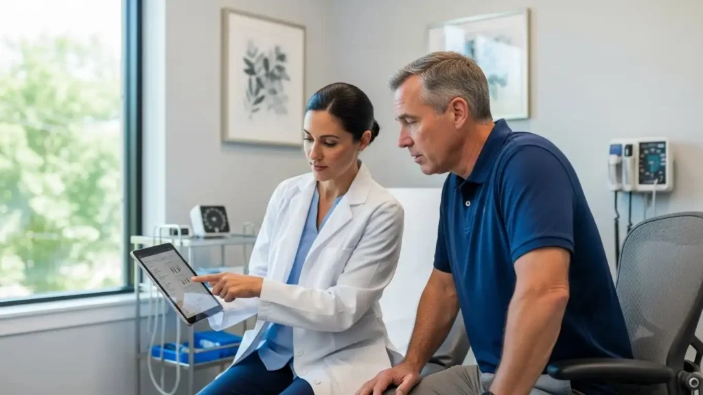 Doctor consulting with a patient about testosterone replacement therapy and men's sexual health over 50.