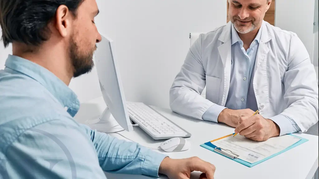 Doctor reviewing insulin blood test results with a male patient for fertility assessment.