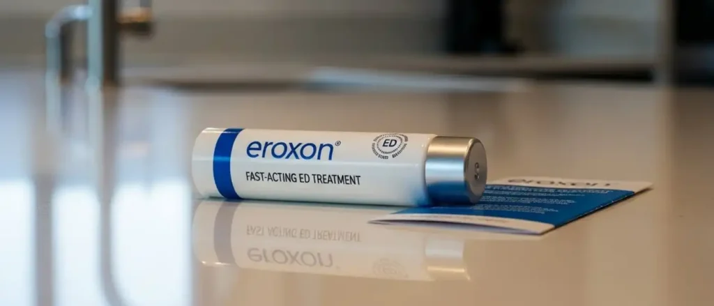 Eroxon topical ED gel tube on countertop, fast-acting over-the-counter treatment