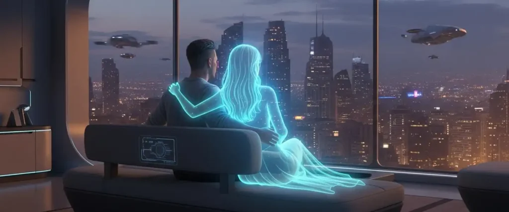Future of relationships showing digital intimacy coexistence between human partners and virtual partners technology