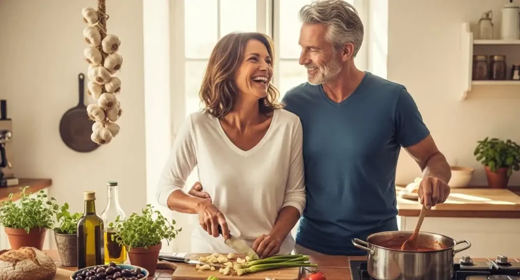 Happy couple in their 50s enjoying a healthy lifestyle, representing how to increase libido in men over 50 naturally.