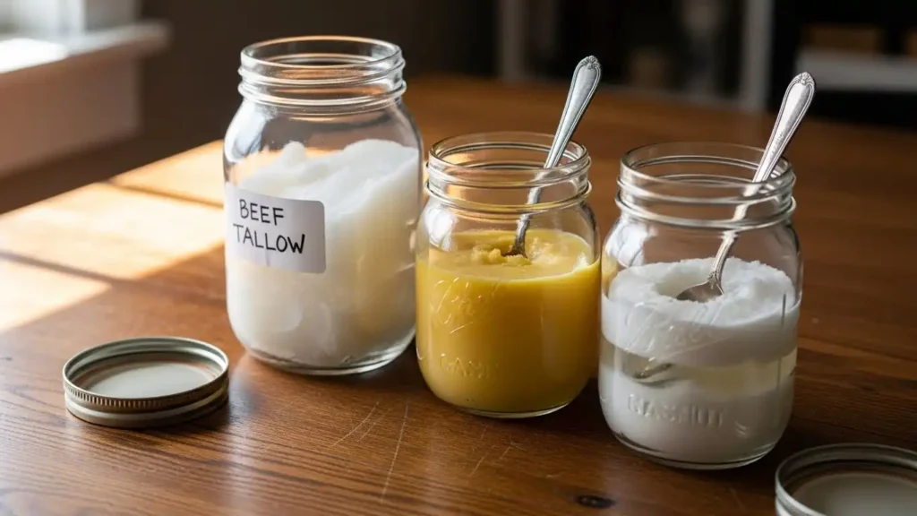 Healthy saturated fats including beef tallow, ghee, and coconut oil for testosterone support.