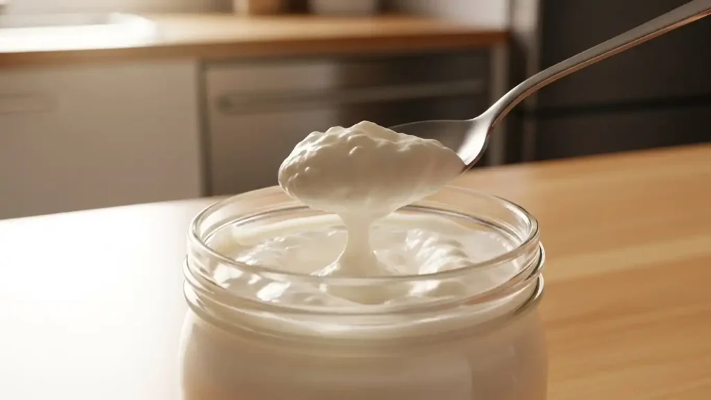 Homemade antidepressant yogurt in a glass jar, rich in L. reuteri probiotics.