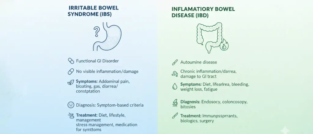 IBS vs SIBO symptoms comparison chart showing diagnostic criteria treatment options and key differences between irritable bowel syndrome and bacterial overgrowth