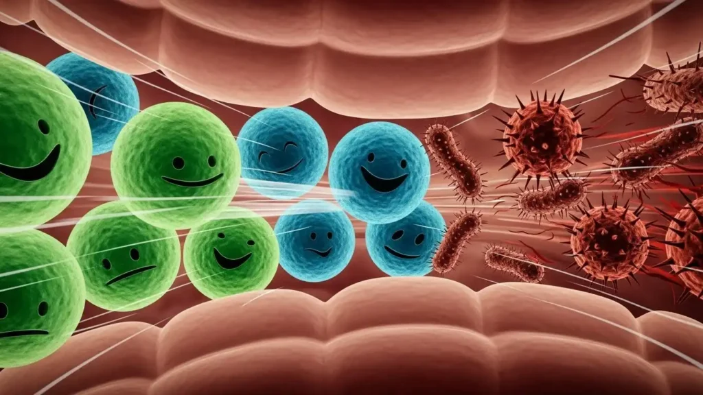 Illustration of L. reuteri bacteria fighting SIBO in the gut.