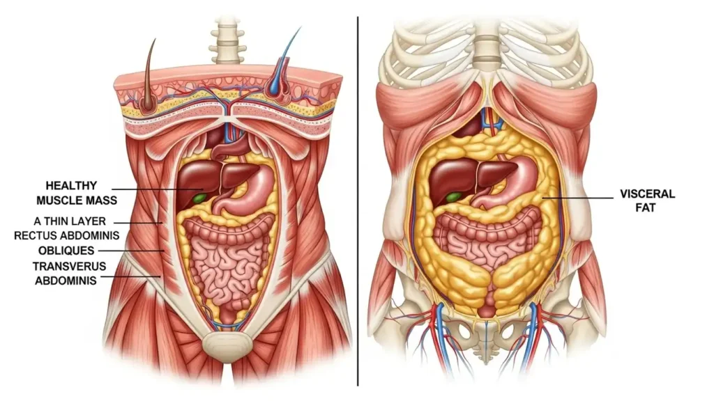 Illustration of visceral fat vs. muscle mass in midlife metabolism.