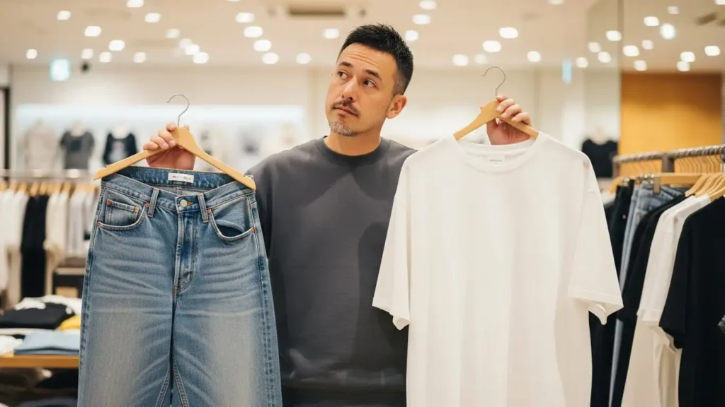 Man choosing clothing to hide Mega Phallus / Mega Penis bulge.
