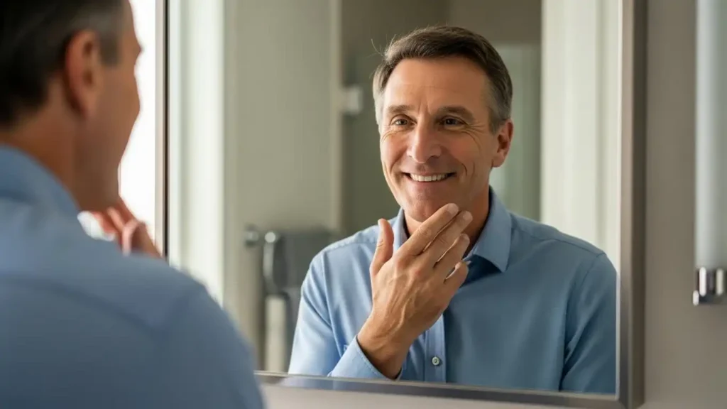 Man with healthy skin feeling confident after probiotic therapy.