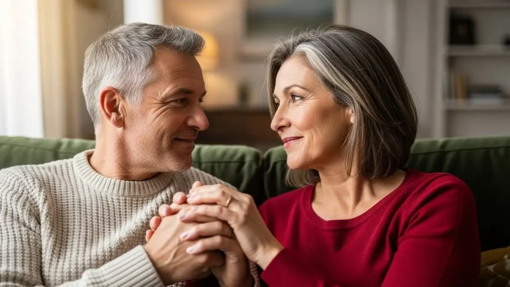 Mature couple holding hands and smiling gently, illustrating how to support your partner with erectile dysfunction.