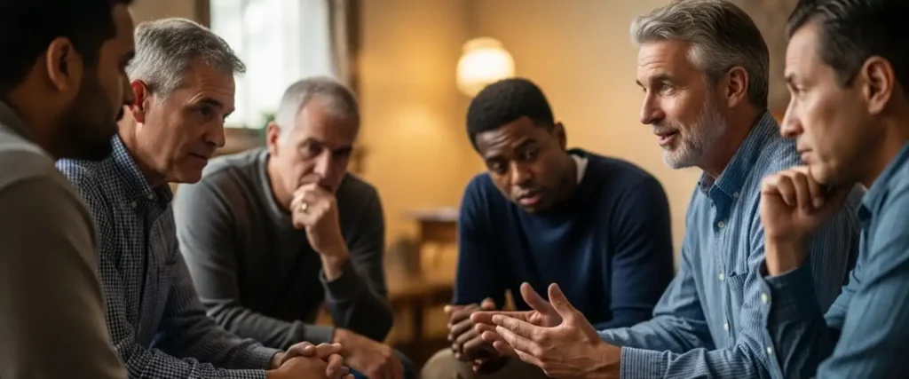 Men discussing male loneliness epidemic and digital intimacy technology challenging stereotypes about sex doll users