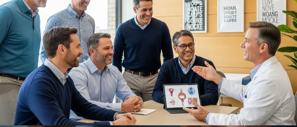Men discussing new ED treatments and devices with a urologist in a modern clinic