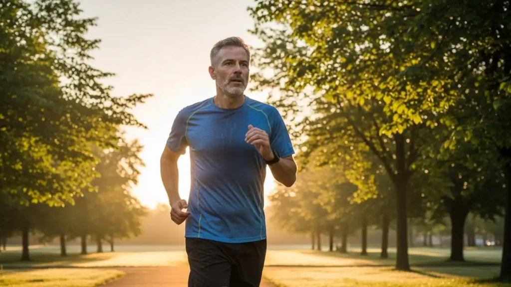 Middle-aged man exercising outdoors to improve erectile function and cardiovascular health through increased nitric oxide production