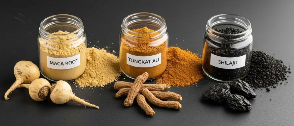 Natural herbal supplements for sexual health including Maca and Tongkat Ali.

