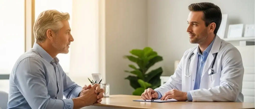 Patient consulting with a urologist about the safety of combining Tadalafil and Dapoxetine.