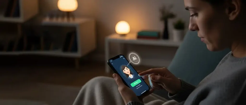 Person using AI companion app on smartphone representing digital intimacy and modern relationships