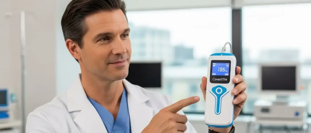 Physician holding CaverSTIM neuromodulation device for ED treatment after prostate surgery